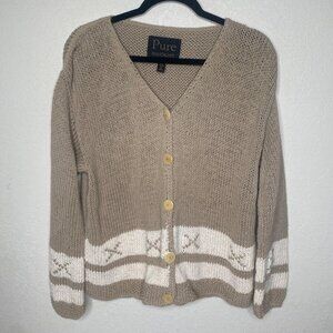 Pure Handknit Knit Chunky‎ Cardigan Sweater Womens L/XL Beige Brown Thick Cotton
